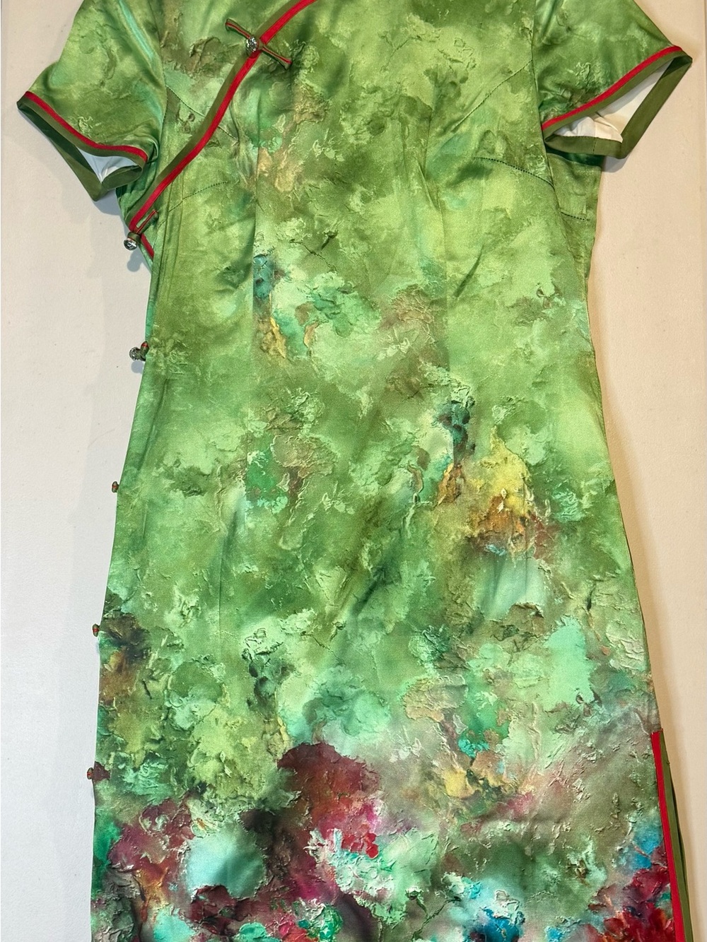 Green Watercolor Floral Satin Mini Cheongsam Dress with Red Trim
